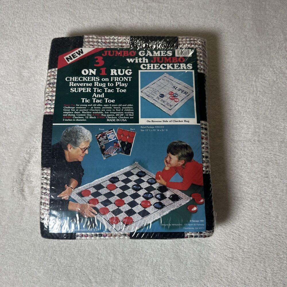 Vintage 1991 Jumbo 3-in-1 Checkers Tic Tac Toe Game Rug 28” USA Sealed